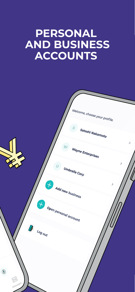 Bankera – Mobile Banking - Bankera mobile app interface showing a list of personal and business profiles