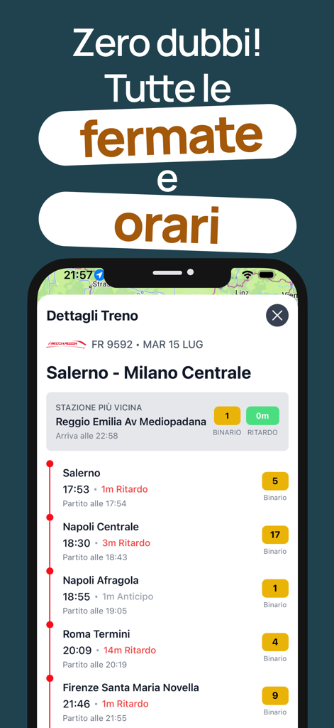 Orario e Ritardo Treni - Real-time train schedule interface showing stops, delays, and platform numbers for a Frecciarossa route in Italy