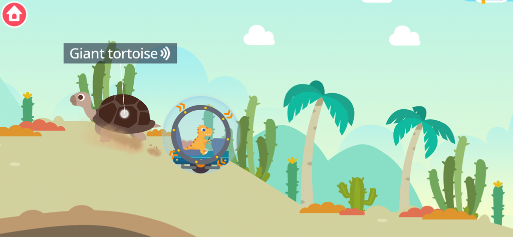 Dinosaur Ocean Explorer Games - A cartoon dinosaur in a scientific vehicle observing a giant tortoise in a desert environment