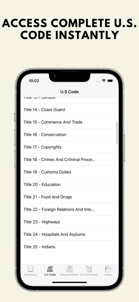 Law Dictionary & U.S Code - Iphone screenshot of the Law Dictionary app showing a list of U.S. Code titles including Coast Guard and Commerce and Trade