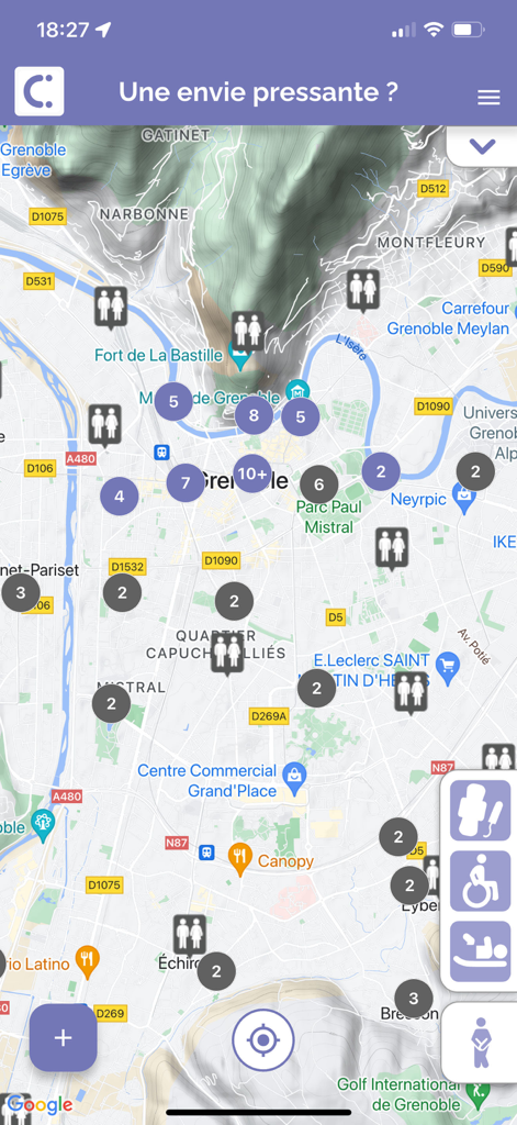 Interface do aplicativo móvel exibindo um mapa da cidade com ícones para banheiros públicos e parceiros disponíveis, incluindo filtros de acessibilidade