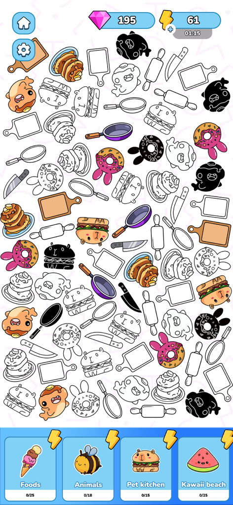 Merge Sticker Playbook 2D - A mobile game screen showing various food and animal stickers to be merged and colored in a puzzle interface