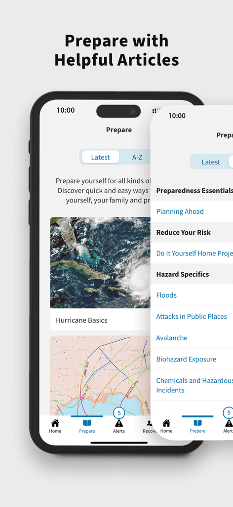 The Prepare section of the FEMA app showing a list of emergency preparedness articles and hazard topics