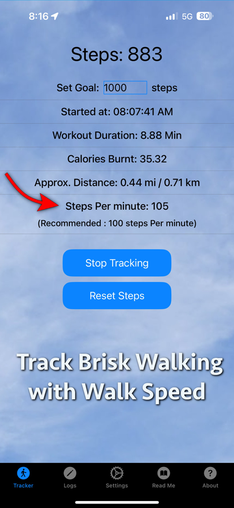 Brisk Walking Tracker - Interface of the Brisk Walking Tracker app showing real-time metrics including steps per minute and calories burnt on a sky background.