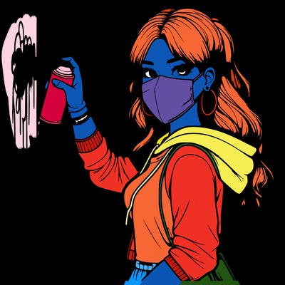 realistic girl with mask spray painting a wall