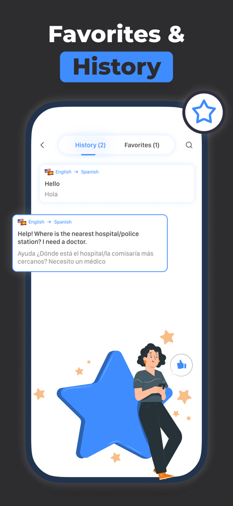 Interfaz de la aplicación Traductor IA mostrando el historial de traducciones y la función de favoritos guardados.