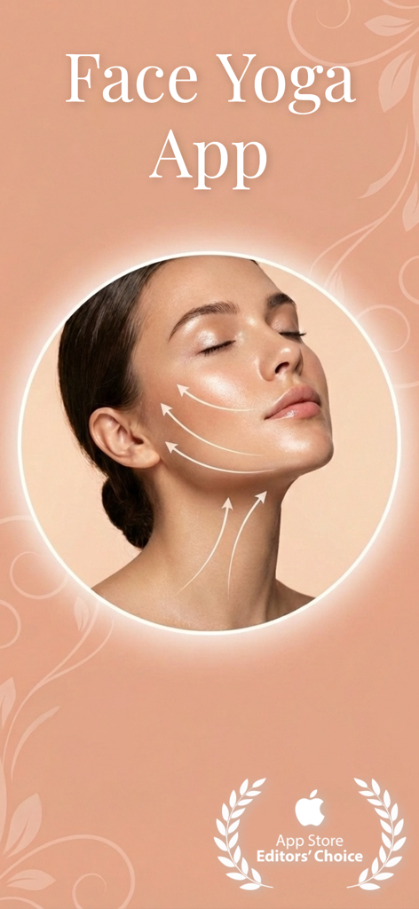GlowLift: Face Yoga & Skincare - A promotional image for the GlowLift Face Yoga app featuring a woman with lifting arrows on her face and the Apple App Store Editors Choice logo.
