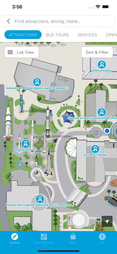 Interactive map of Kennedy Space Center Visitor Complex showing attractions like Rocket Garden and IMAX Theater