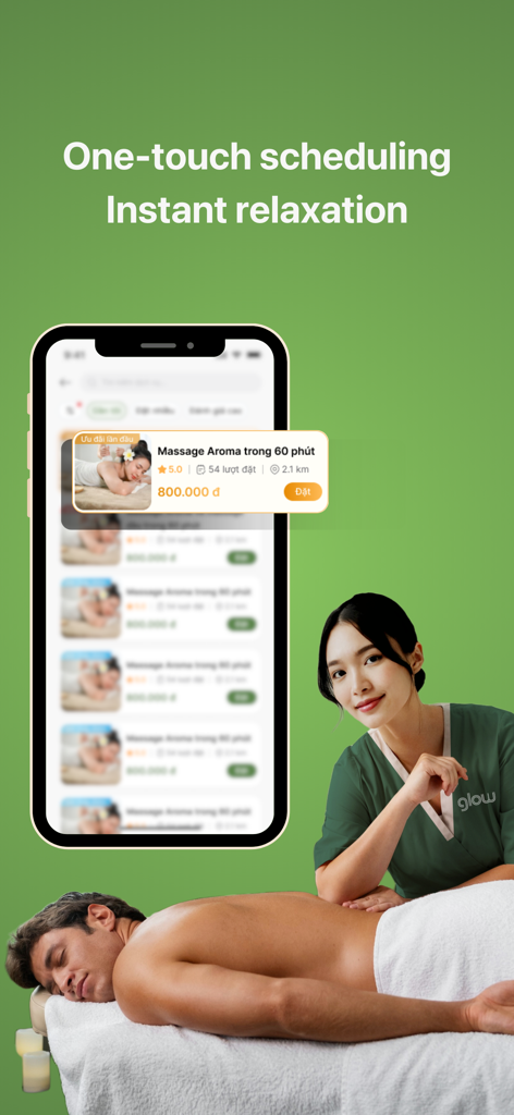Glow - Beauty & Wellness - Glow app interface showing one-touch scheduling for a 60-minute aroma massage with a therapist and client
