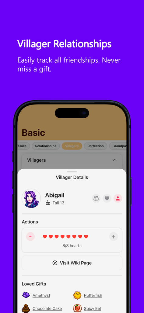 Stardew Guide app showing villager relationships and Abigail's loved gifts including amethyst and pufferfish