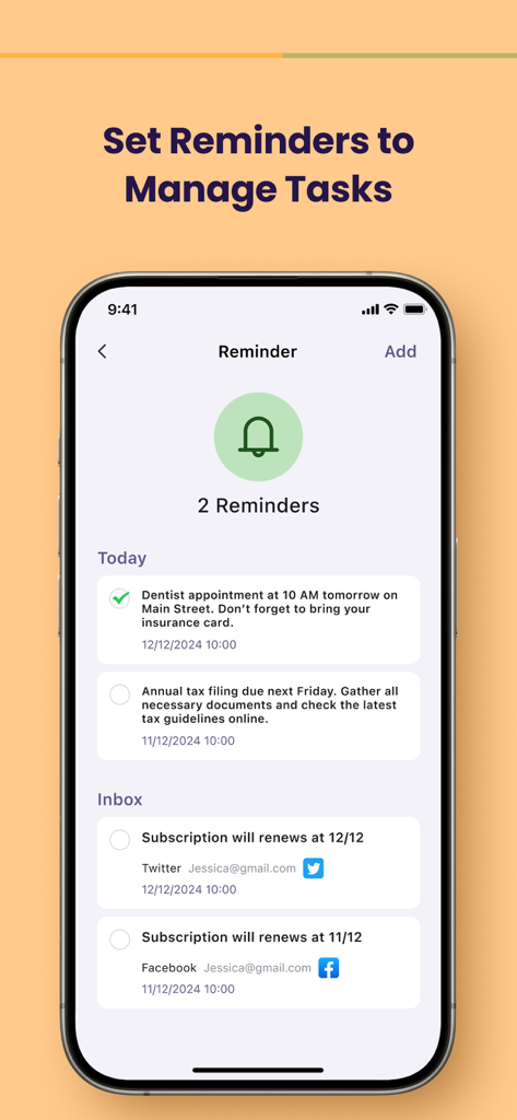 MIX SafeNote Keeper - iPhone screenshot of MIX SafeNote Keeper app showing a reminder list for tasks and subscription renewals