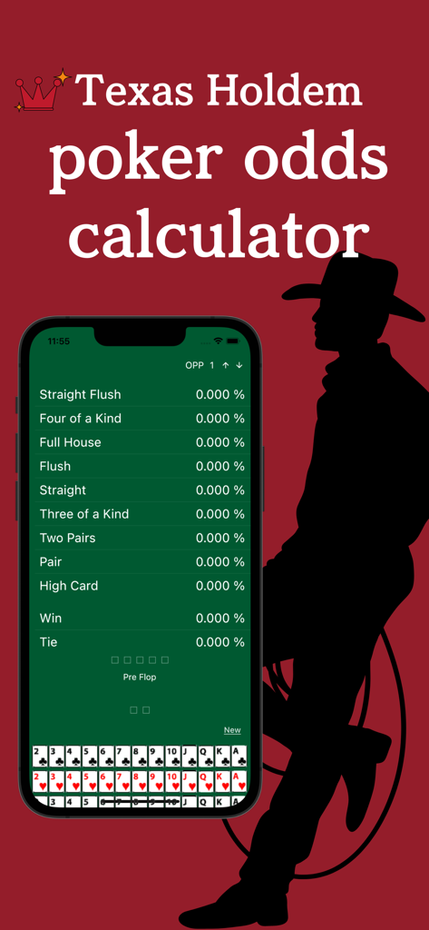 A mobile app interface for calculating Texas Hold'em poker odds and hand probabilities.
