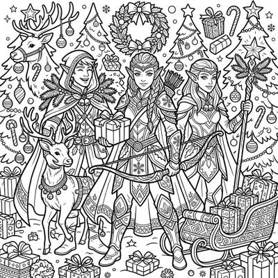 Dive into a world where mighty elven warriors join the festive spirit of Christmas. This intricate coloring page combines fantasy and holiday cheer for an engaging creative experience.