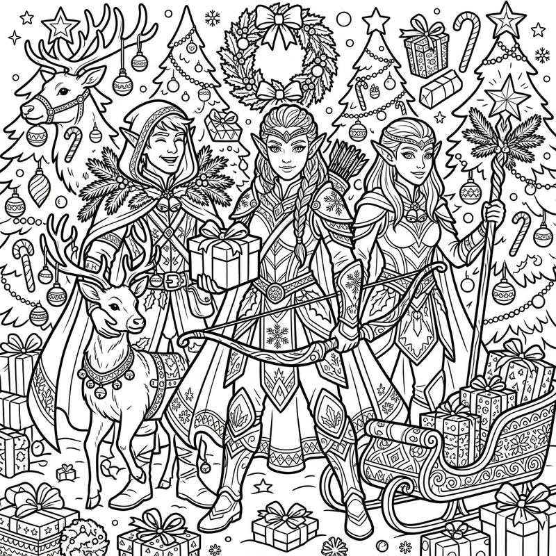 Dive into a world where mighty elven warriors join the festive spirit of Christmas. This intricate coloring page combines fantasy and holiday cheer for an engaging creative experience.