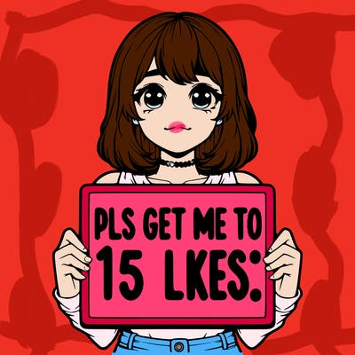 realistic girl holding up a sign that says “pls get me to 15 likes!”
