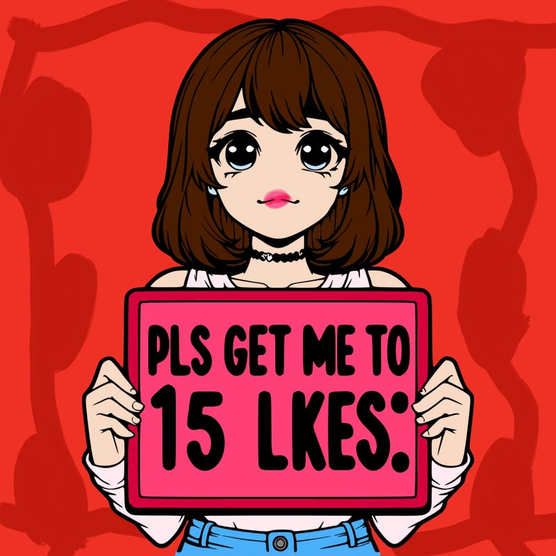 realistic girl holding up a sign that says “pls get me to 15 likes!”