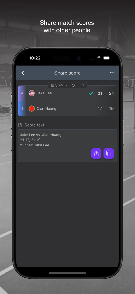 Badminton Scorer Pro - Sharing screen of the Badminton Scorer Pro app showing a completed match score and sharing options for players