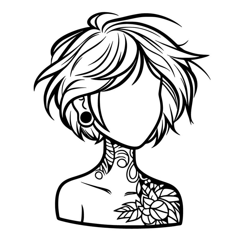 tattooed woman with short messy hair