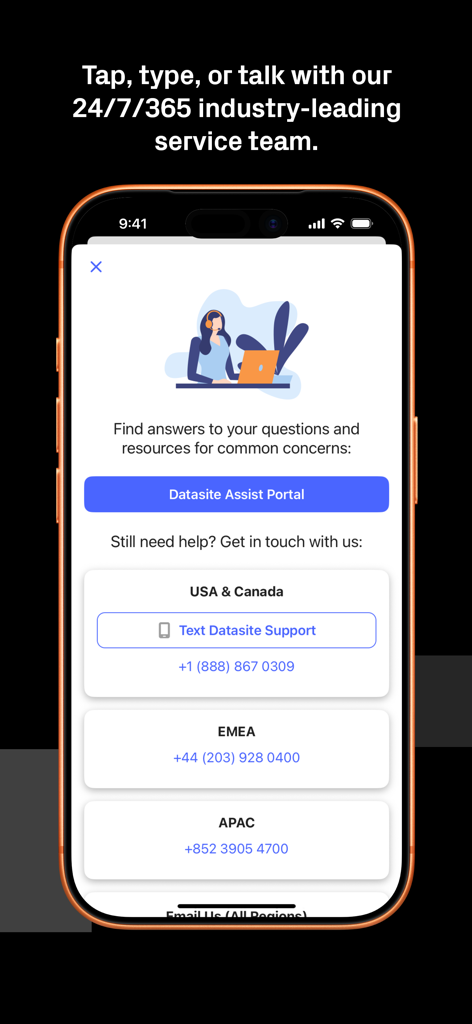 Interface do aplicativo Datasite mostrando vários métodos de contato do suporte global ao cliente disponíveis 24 horas por dia, 7 dias por semana