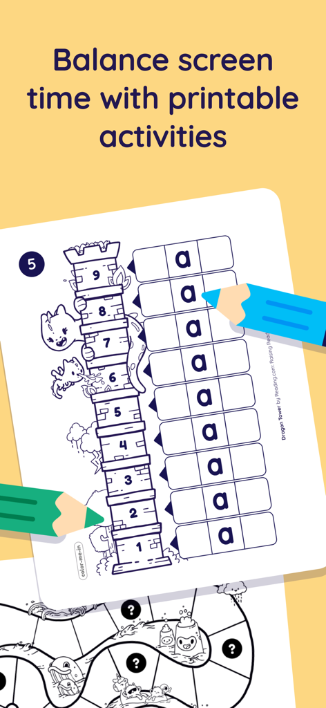 Printable phonics activity sheet with a dragon tower for kids to practice reading and writing letters