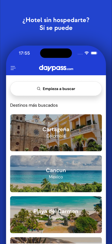 Pantalla de la aplicación Daypass que muestra la búsqueda de pases de día de hotel y destinos populares en México y Colombia.