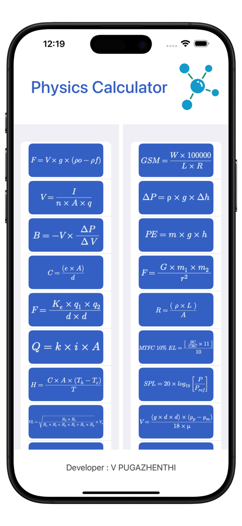 My Physics Calculator - Interface of My Physics Calculator app displaying a variety of physics and engineering formulas on an iPhone