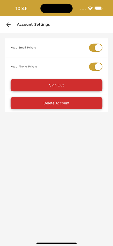 Account settings screen of the Ktebstan app showing privacy toggles for email and phone plus sign out and delete account buttons