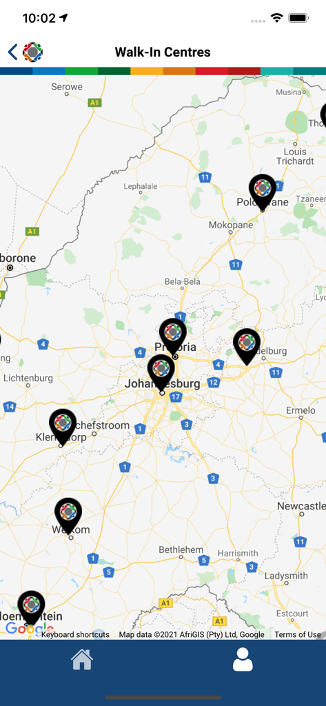 Map view showing GEMS walk-in centers locations across South Africa