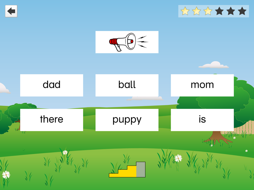 FlashWords AAC - FlashWords AAC screen showing a word recognition game with buttons for common words and a megaphone icon.