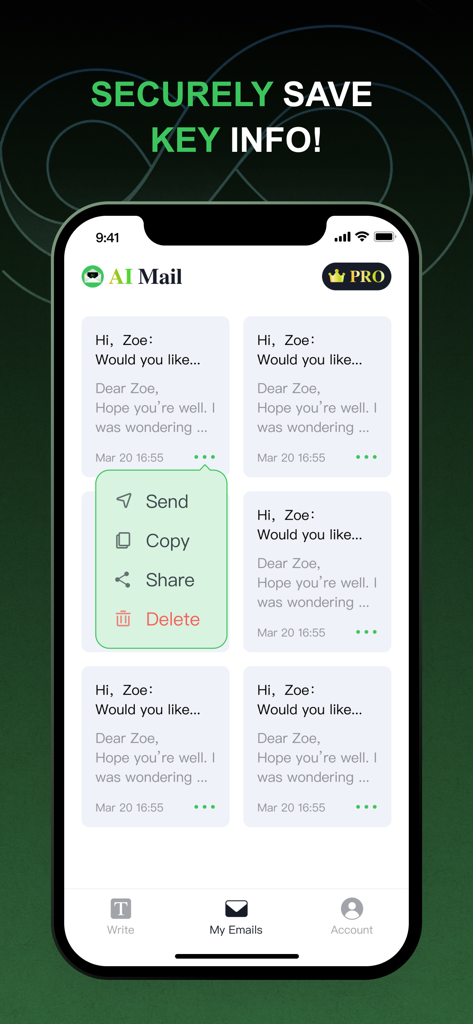 AI Email: AI Writer Assistant - AI Emailアプリの「マイメール」セクションに、保存された下書きカードとアクションメニューが表示されています。