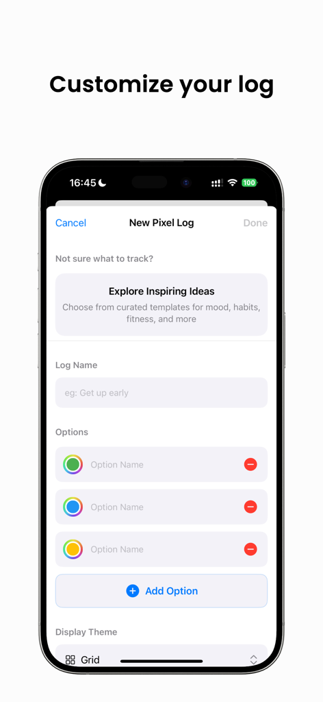 My Year in Pixels - CLY Pixel - Interface for creating and customizing a new habit or mood tracker with colorful pixel options in the CLY Pixel app.