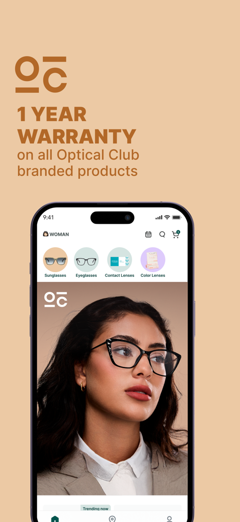 Optical Club by eyewa - Optical Club app showing stylish eyeglasses and a one year warranty