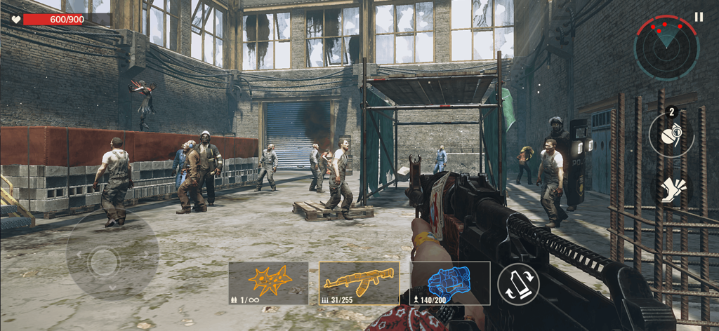 First person shooter view of a player aiming an assault rifle at a group of zombies in an industrial warehouse