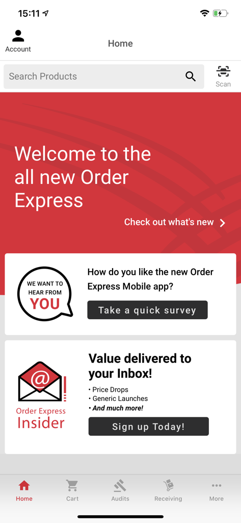 Home screen of the Order Express mobile app for pharmacy inventory management showing search and scan tools.