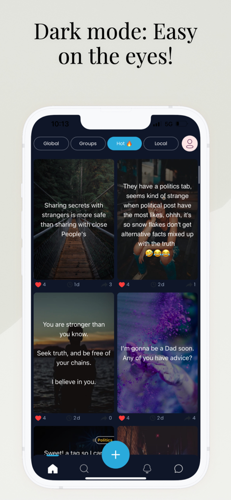 Hush – Express Freely - Hush app interface in dark mode showing a feed of anonymous secrets and community posts