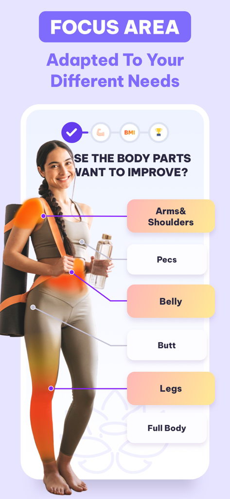 腕、お腹、脚などのターゲットボディエリアを選択できるDaily Yogaアプリの機能