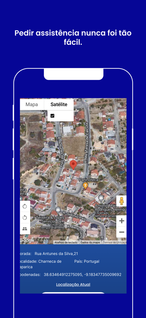 Interface do aplicativo ok! seguros mostrando mapa de satélite para solicitar assistência rodoviária