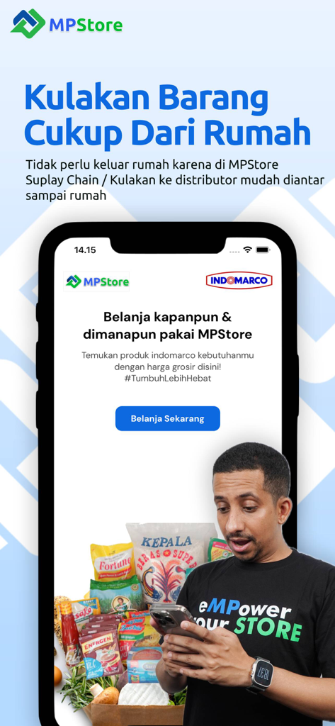 MPStore - SuperApp UMKM - Screenshot of the MPStore app interface highlighting wholesale shopping for groceries and Indonesian household products