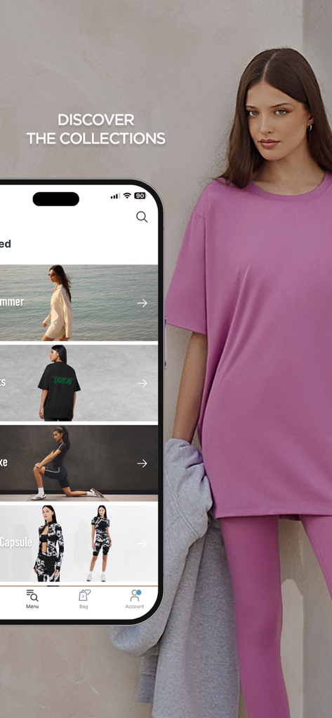 A woman wearing a purple loungewear set next to a phone displaying The Giving Movement app collections