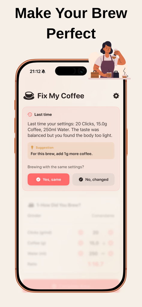 Fix My Coffee - Interfaz de la aplicación Fix My Coffee que muestra una sugerencia inteligente para ajustar la cantidad de café para una preparación perfecta.