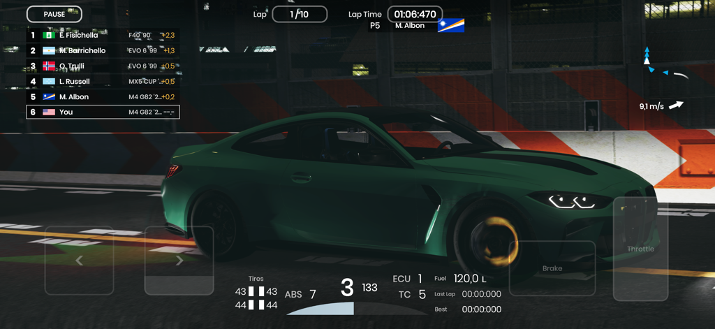 A green sports car racing at night in Gran Velocita with a detailed technical telemetry HUD