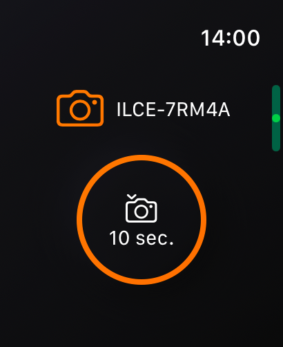 sMoteWatch - camera remote - sMoteWatch interface on Apple Watch showing a 10 second timer for a Sony camera