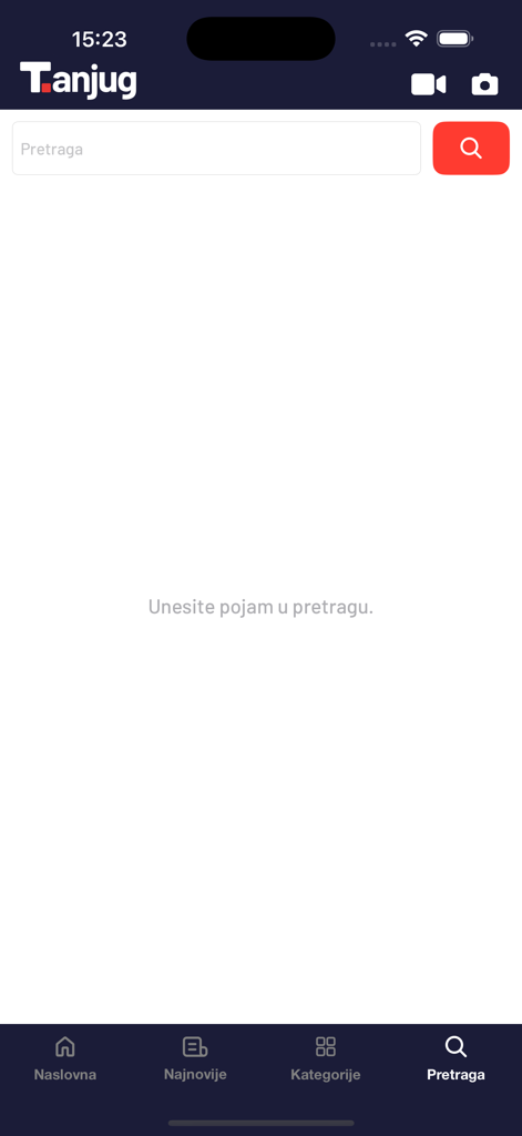 Tanjug - brze i pouzdane vesti - Pantalla de búsqueda de la aplicación móvil de noticias de Tanjug que muestra la barra de búsqueda y el menú de navegación.