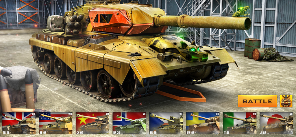 Tanks Blitz: Battle Tank Games - Un tanque de batalla personalizado dorado en un hangar con opciones de bandera internacional para la selección de tanques basada en la nación.