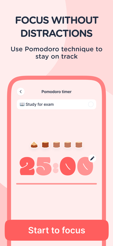 Aesthetic Pomodoro timer screen in the Dear Me app for focused study sessions