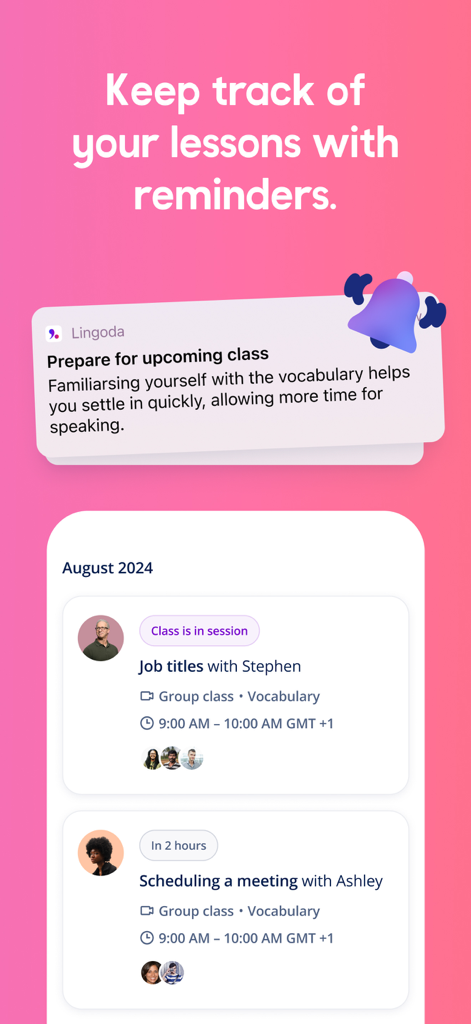 Lingoda : Language Learning - Lingoda App-Bildschirm mit Benachrichtigungen für bevorstehende Sprachkurse und einem Tagesplan