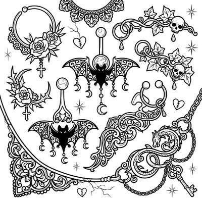 Dive into the mysterious world of Gothic fashion with this intricate body jewelry coloring page. Featuring ornate bats, skulls, roses, and chains, it offers a darkly elegant creative escape for all ages.