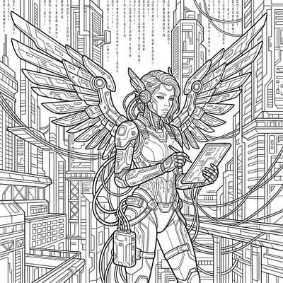 Unleash your creativity with this stunning Cyberpunk Healing Angel coloring page, blending divine grace with a futuristic aesthetic. Explore intricate details of mechanical wings, cybernetic enhancements, and a bustling neon city in this unique design.