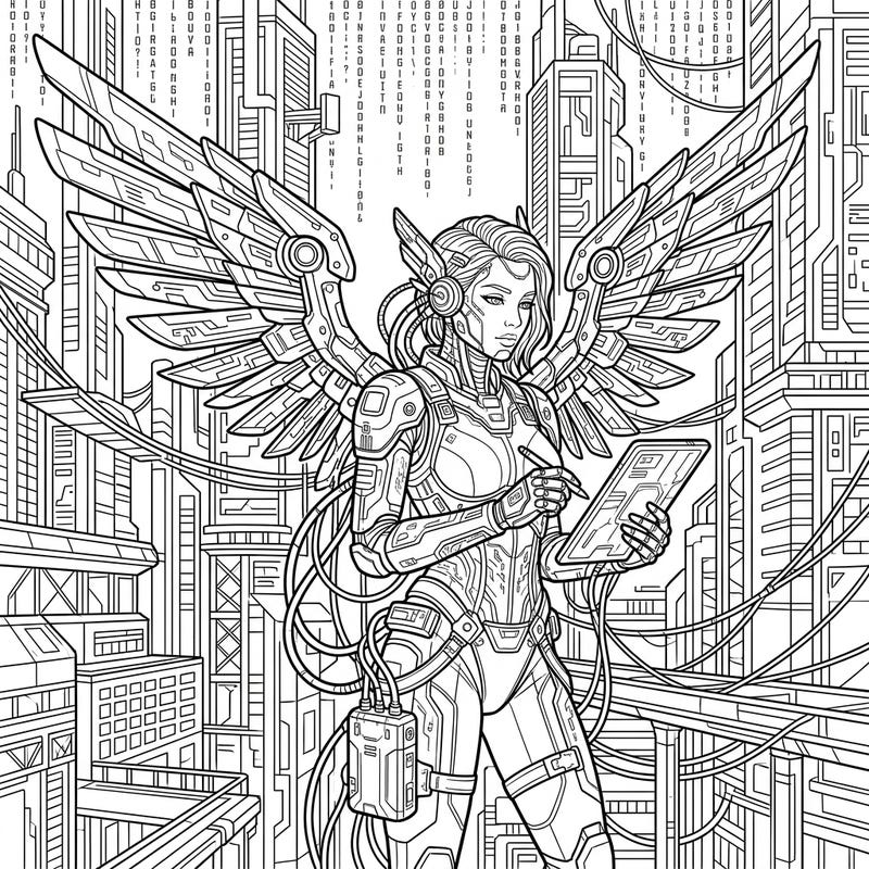 Unleash your creativity with this stunning Cyberpunk Healing Angel coloring page, blending divine grace with a futuristic aesthetic. Explore intricate details of mechanical wings, cybernetic enhancements, and a bustling neon city in this unique design.