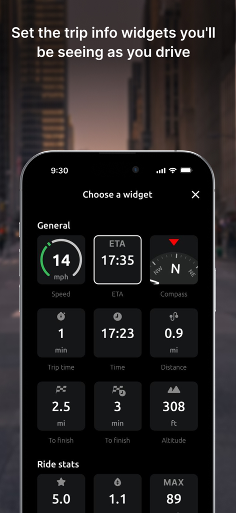 Hudway Go: Navigation with HUD - A smartphone screen displaying the Hudway Go app menu for selecting driving widgets such as speed, ETA, compass, and altitude.